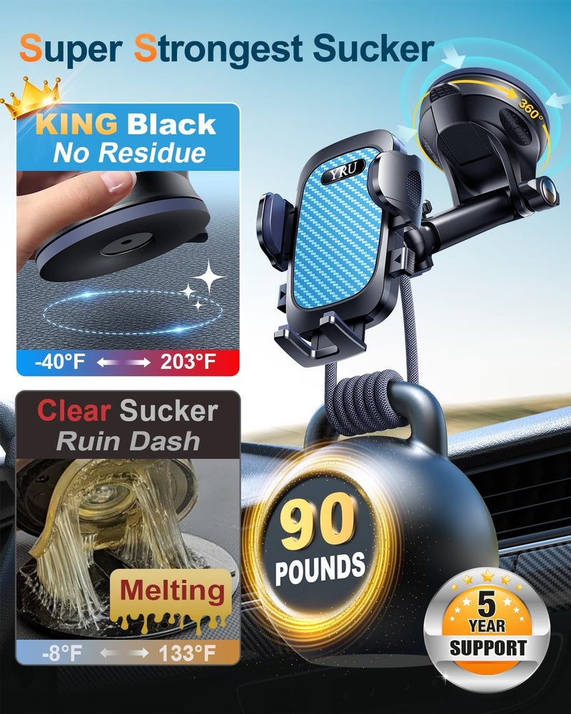 YRU True Military-Grade [360° Rotation Suction] 2025 Ultimate Car Phone Holder Mount 【90+LBS Safest Strongest & Patent Certs】 Dashboard Windshield Vent for iPhone 17 16 Pro Max Samsung, Royal Blue - Image 2
